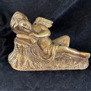 Vintage Bronze Or Brass Sleeping Angel Cupid Statue Figurine Lying on Tree